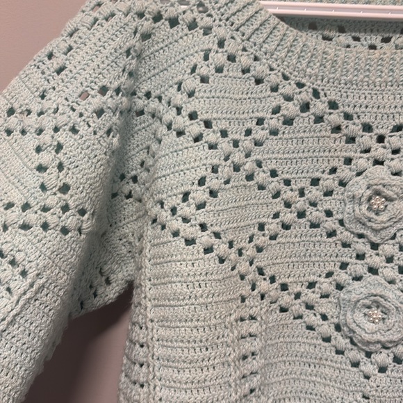 Mint Green Vintage Hand knit Sweater Rhinestone Embellished - Picture 3 of 5